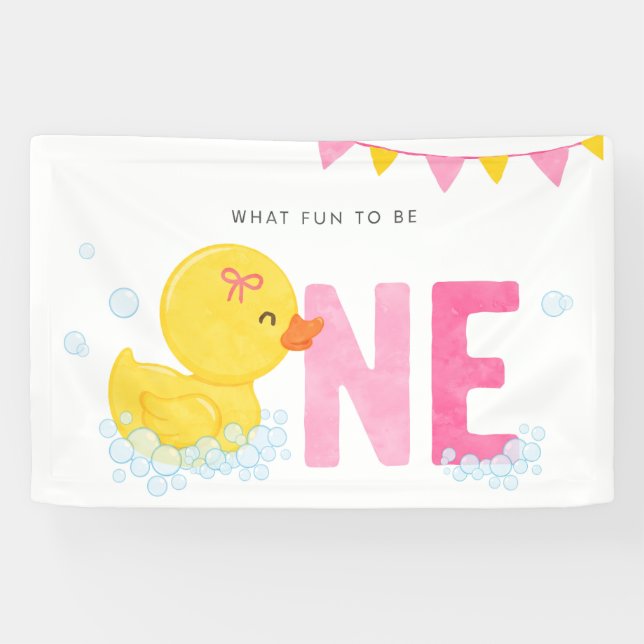 Rubber Duck Girl First birthday Party Pink Yellow  Banner (Horizontal)