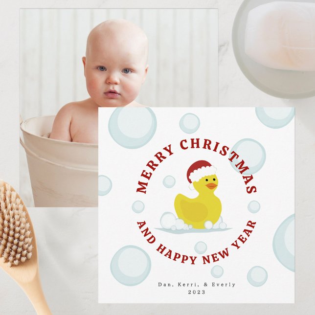 Rubber Duck Santa Christmas Bubbles Photo Card (Creator Uploaded)