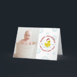 Rubber Duck Santa Christmas Photo Bubbles Holiday Card<br><div class="desc">Illustration of a rubber duck wearing a santa hat surrounded by bubbles.  Personalise with your family photo on front.  Personalise the text inside.</div>