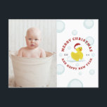 Rubber Duck Santa Christmas Photo Bubbles Holiday Postcard<br><div class="desc">Illustration of a rubber duck wearing a santa hat surrounded by bubbles.  Personalise with your family photo on front.  Personalise the text on back.</div>