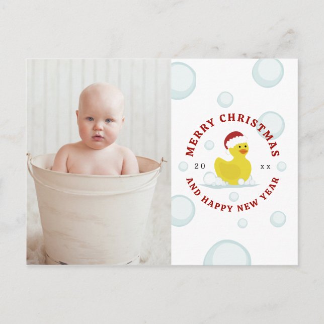 Rubber Duck Santa Christmas Photo Bubbles Holiday Postcard (Front)