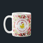 Rubber Duck Santa Christmas Photo Watercolor Coffee Mug<br><div class="desc">Illustration of a rubber duck wearing a santa hat. Border and reverse side are red and green watercolor floral tile pattern design.</div>