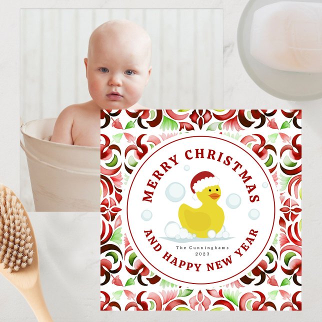 Rubber Duck Santa Christmas Watercolor Photo Card (Creator Uploaded)