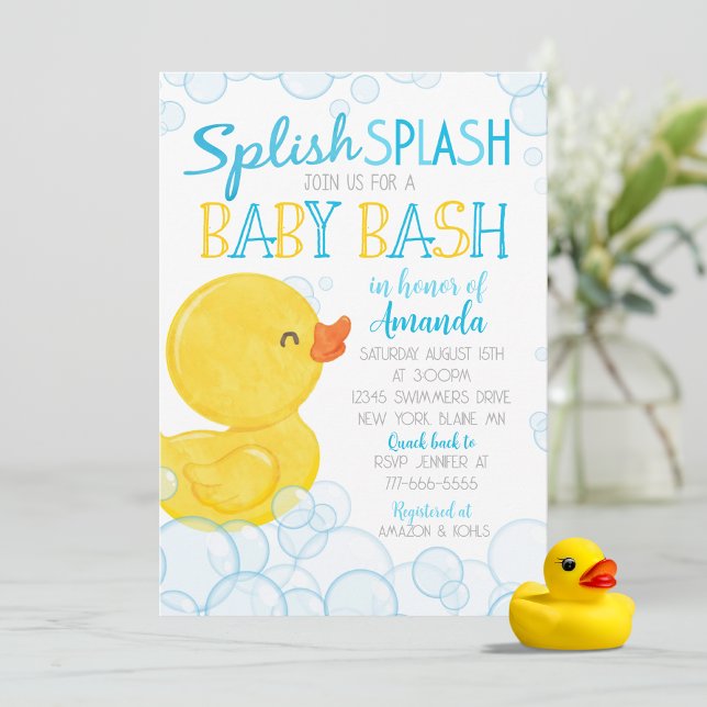 Rubber Duck Splish Splash Baby Shower Invitation (Splish Splash Watercolor Rubber Duck Boy Baby Shower Invitations. Available Printed or Download)