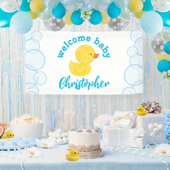 Rubber Duck Welcome Baby Name Hanging Vinyl Banner (Welcome Baby Name Rubber Duck Hanging Vinyl Baby Shower Banner in White)