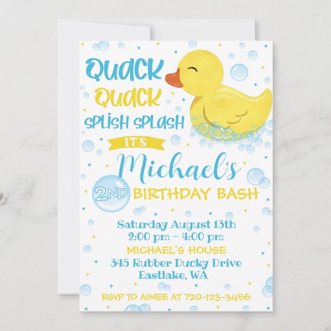 Rubber Duckie Birthday Invitation, Rubber Ducky Invitation (Front)