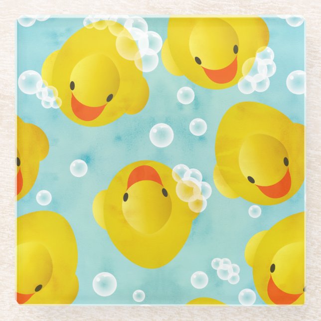 Rubber Ducks Bath Pattern Glass Coaster (Front)