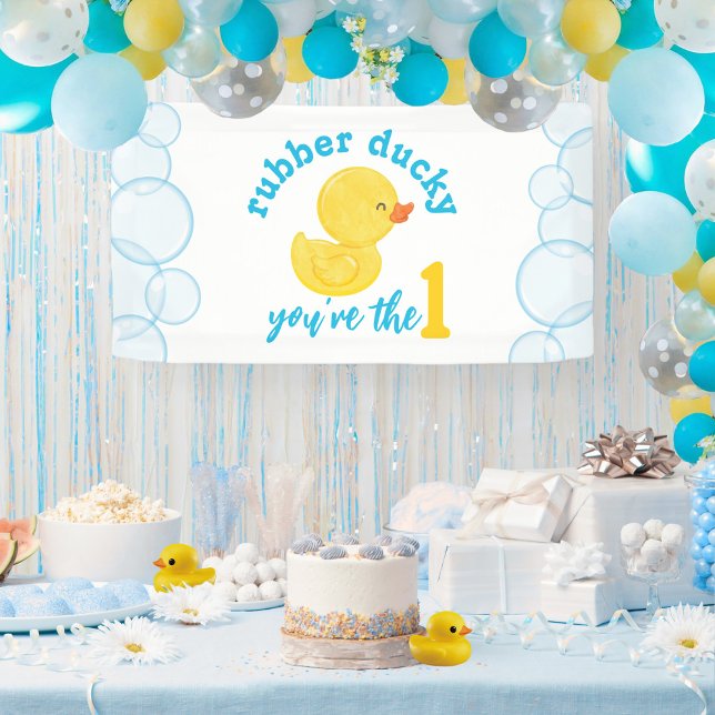 Rubber Ducky 1st Birthday Party Banner (Watercolor Rubber Ducky 1st Birthday Party Banner : Rubber Ducky You're the One)