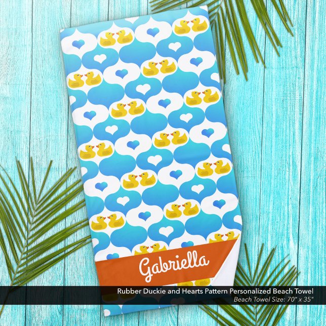 Rubber Ducky and Hearts Pattern Personalised Beach Towel (Rubber Duckie and Hearts Pattern Beach Towel–Personalized with Your Name)