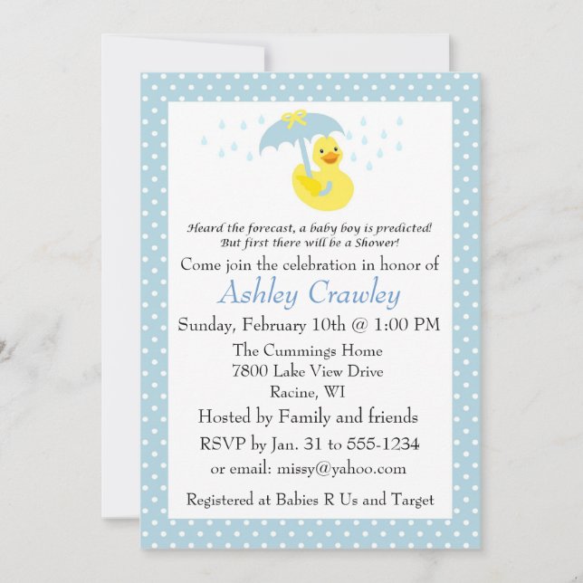 Rubber Ducky Baby Boy Shower invite - customise (Front)
