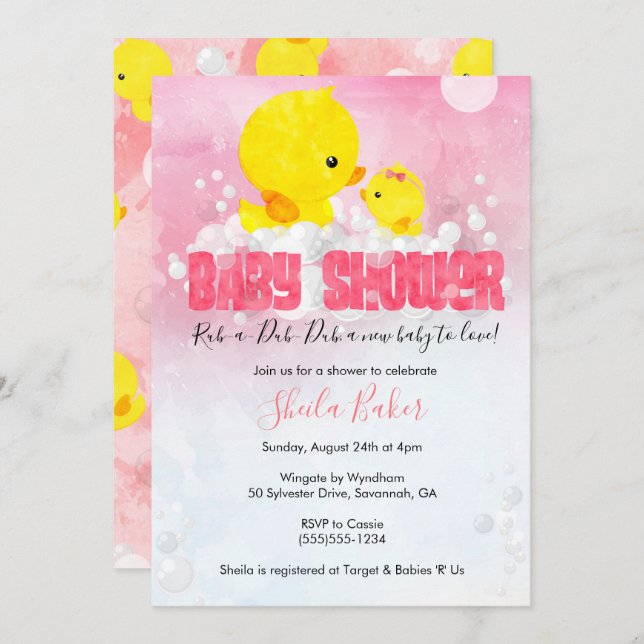 Rubber Ducky Baby Shower Invitation | Girl Duckie (Front/Back)
