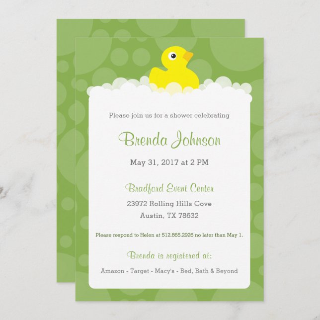 Rubber Ducky Baby Shower Invitation - Green (Front/Back)