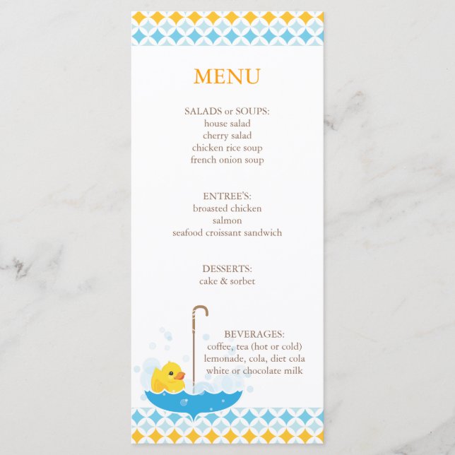 Rubber Ducky Baby Shower Menu (Front)