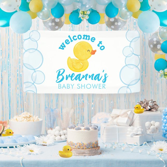 Rubber Ducky Baby Shower Welcome Hanging Vinyl Banner (Welcome to Names Baby Shower Watercolor Rubber Ducky Hanging Vinyl Baby Shower Party Banner)