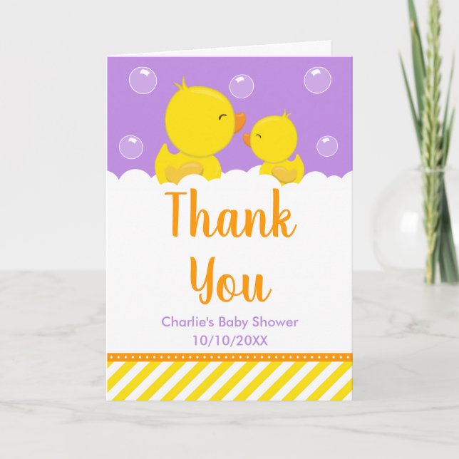 Rubber Ducky Baby Shower Yellow and Purple Thank You Card (Front)