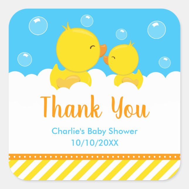 Rubber Ducky Baby Shower Yellow Blue Thank You Square Sticker (Front)