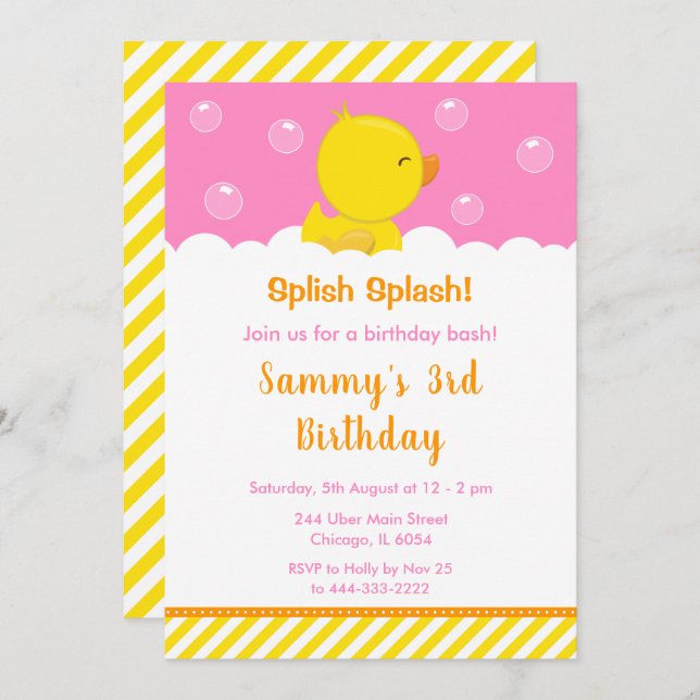 Rubber Ducky Birthday Party Yellow and Pink Invitation (Front/Back)