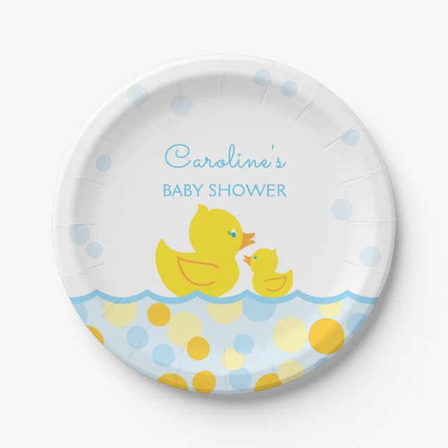 Rubber Ducky Blue & Yellow Baby Shower Paper Plate (Front)