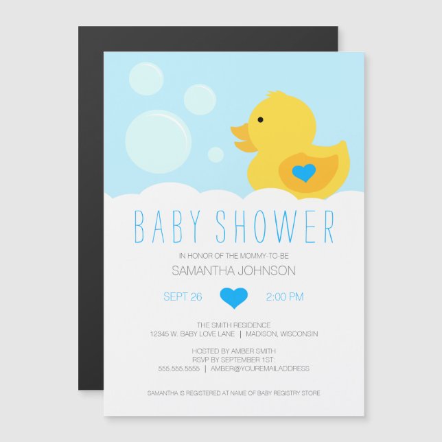 Rubber Ducky Bubble Bath Boy Baby Shower Magnetic Invitation (Front/Back)