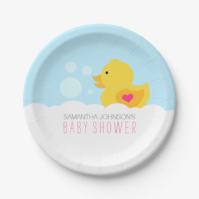 Rubber Ducky Bubble Bath Girl Baby Shower Paper Plate (Front)