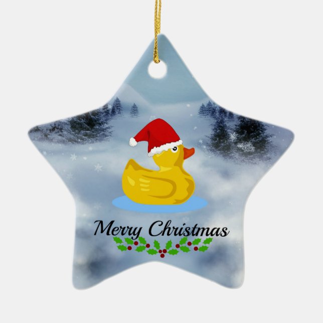 Rubber Ducky Christmas Greetings (with holly) Ceramic Tree Decoration (Front)