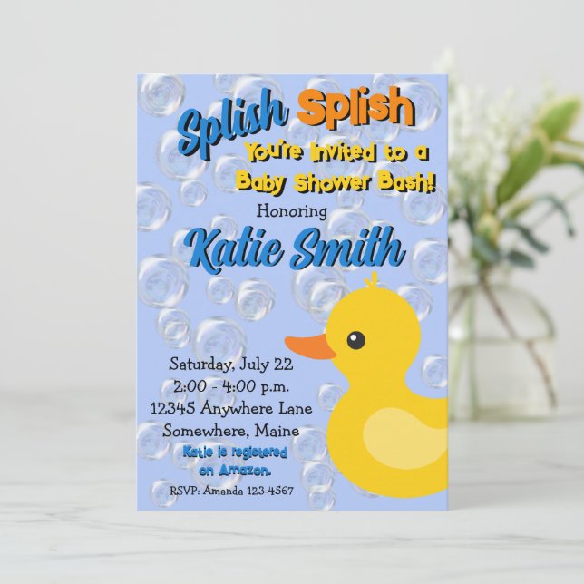 Rubber Ducky Duck Bath Baby Shower Invitations (Standing Front)