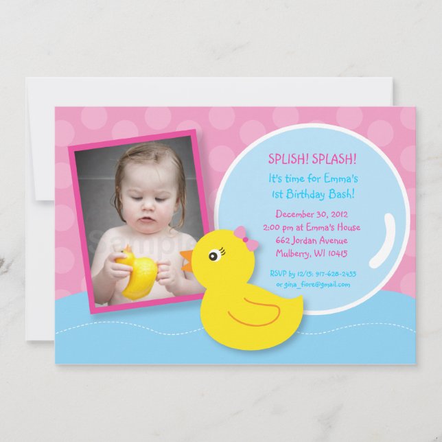 Rubber Ducky Duck Girl Photo Birthday Invitations (Front)