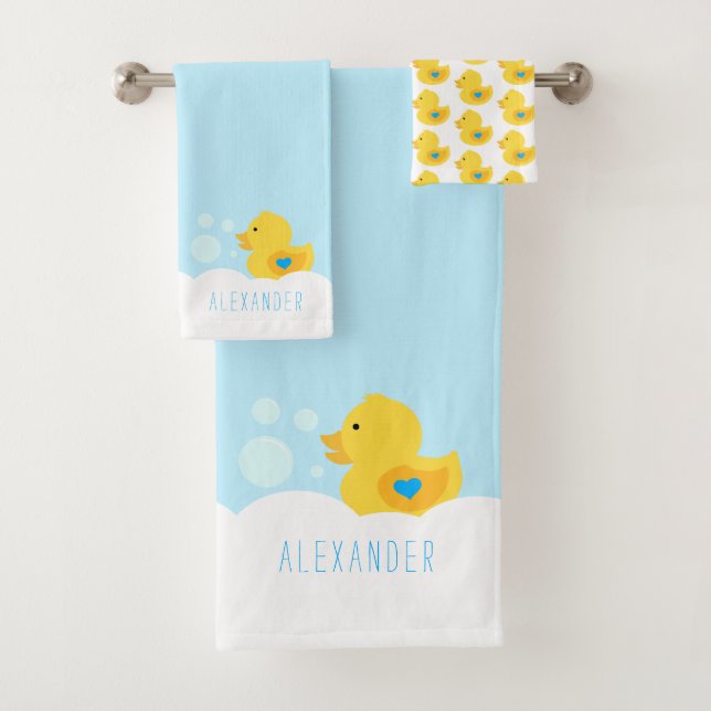 Rubber Ducky With Blue Heart Bath Towel Set (Insitu)