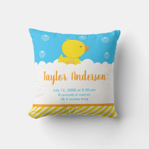 Rubber Ducky Yellow and Blue Birth Statistics Cushion