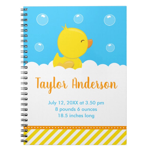 Rubber Ducky Yellow and Blue Birth Statistics Notebook (Front)