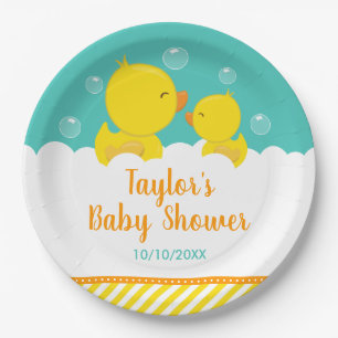 Rubber Ducky Yellow and Green Baby Shower Paper Plate