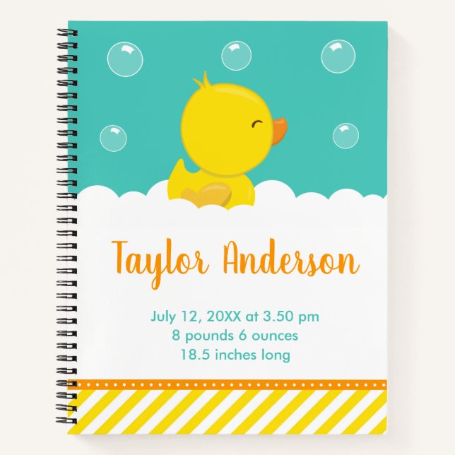 Rubber Ducky Yellow and Green Birth Statistics Notebook (Front)
