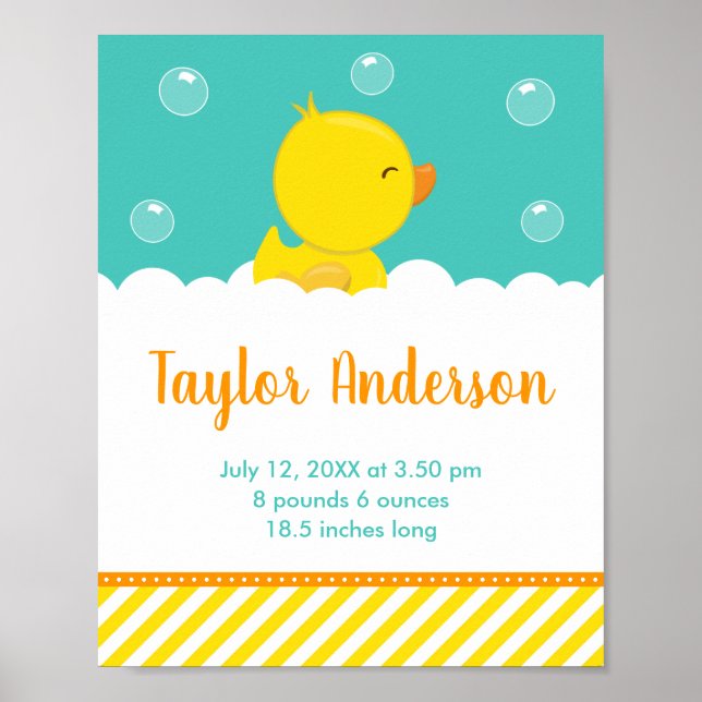 Rubber Ducky Yellow and Green Birth Statistics Poster (Front)