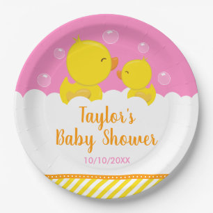 Rubber Ducky Yellow and Pink Baby Shower Paper Plate
