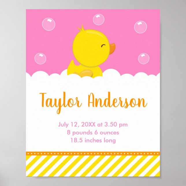 Rubber Ducky Yellow and Pink Birth Statistics Poster (Front)