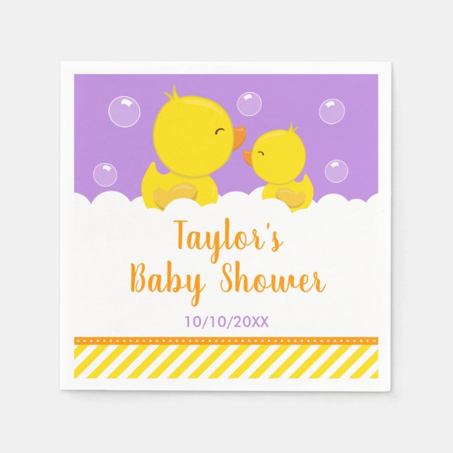 Rubber Ducky Yellow and Purple Baby Shower Napkin (Front)