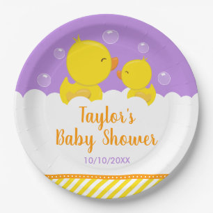 Rubber Ducky Yellow and Purple Baby Shower Paper Plate