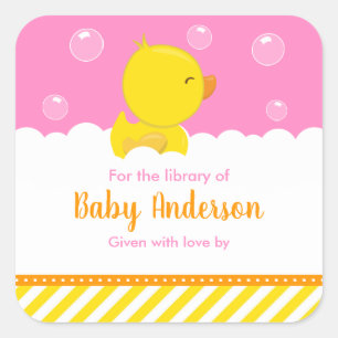 Rubber Ducky Yellow Pink Baby Library Bookplate Square Sticker