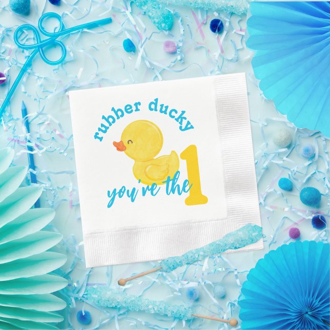 Rubber Ducky You're the One First Birthday Napkin (Rubber Ducky You're the One 1st Birthday Party Napkins - Boy  in Blue, Yellow and White)
