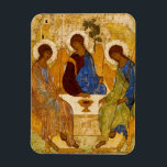 Rublev Trinity at the Table Magnet<br><div class="desc">Antique Andrei Rublev artwork/icon depicting the Father, Son, and Holy Ghost seated at a table. The images appear to have angel wings.</div>