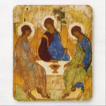 Rublev Trinity at the Table Mouse Pad<br><div class="desc">Antique Andrei Rublev artwork/icon depicting the Father,  Son,  and Holy Ghost seated at a table.  The images appear to have angel wings.</div>