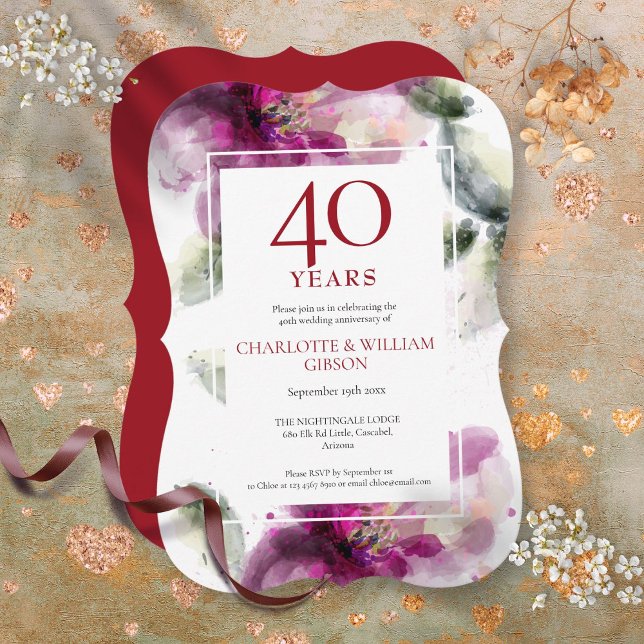 Ruby 40th Wedding Anniversary Elegant Floral Invitation (Ruby 40th Wedding Anniversary Elegant Floral Invitation)