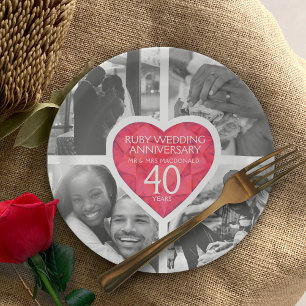 Ruby 40th wedding Anniversary heart four photos Paper Plate