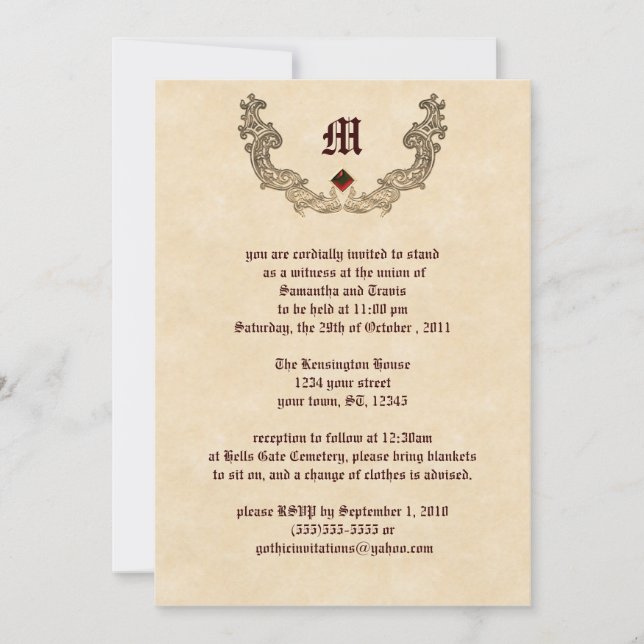 Ruby and Gold Monogram Gothic Invitation (Front)
