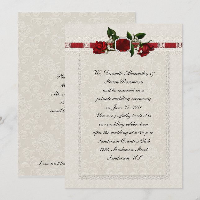 Ruby and Red Roses Ribbon Post Wedding Invitation (Front/Back)