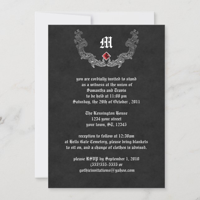 Ruby and Silver Monogram Gothic Invitation (Front)