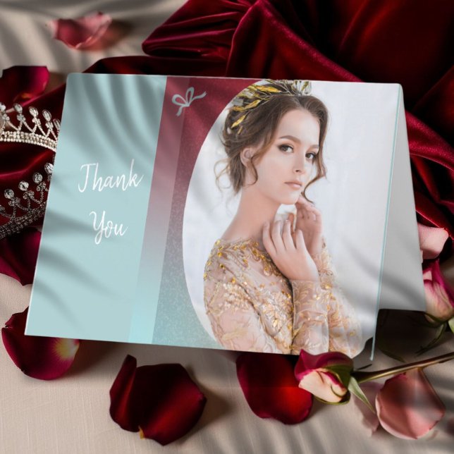  Ruby Blue Ombre Folded Thank You Card (﻿﻿Ruby and turquoise ombre colors highlight this pageant thank you card with custom photo and text)