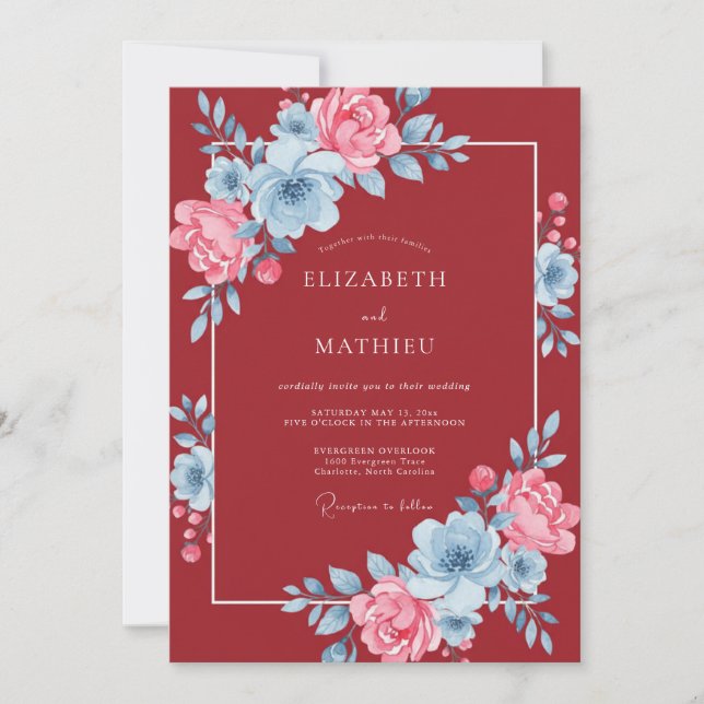 Ruby Blue Pink Floral Watercolor Wedding Invitation (Front)