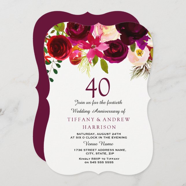 Ruby Burgundy Red Floral 40th Wedding Anniversary Invitation (Front/Back)