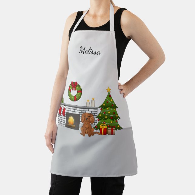 Ruby Cavalier Dog In A Christmas Room & Name Apron (Insitu)